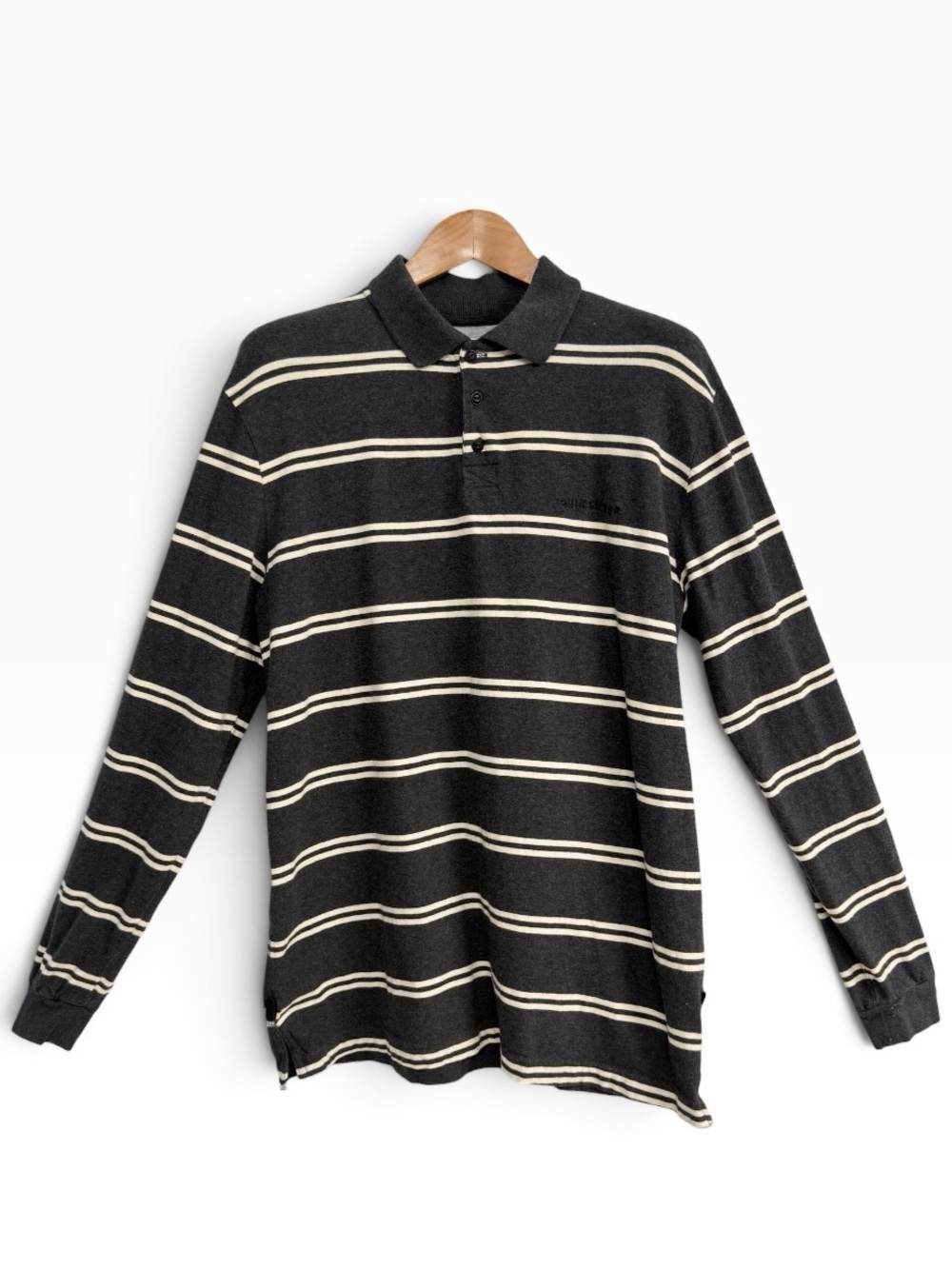 Quiksilver Mens Large Gray Cream Striped Long Sleeve Polo Shirt Skater Surf Y2K